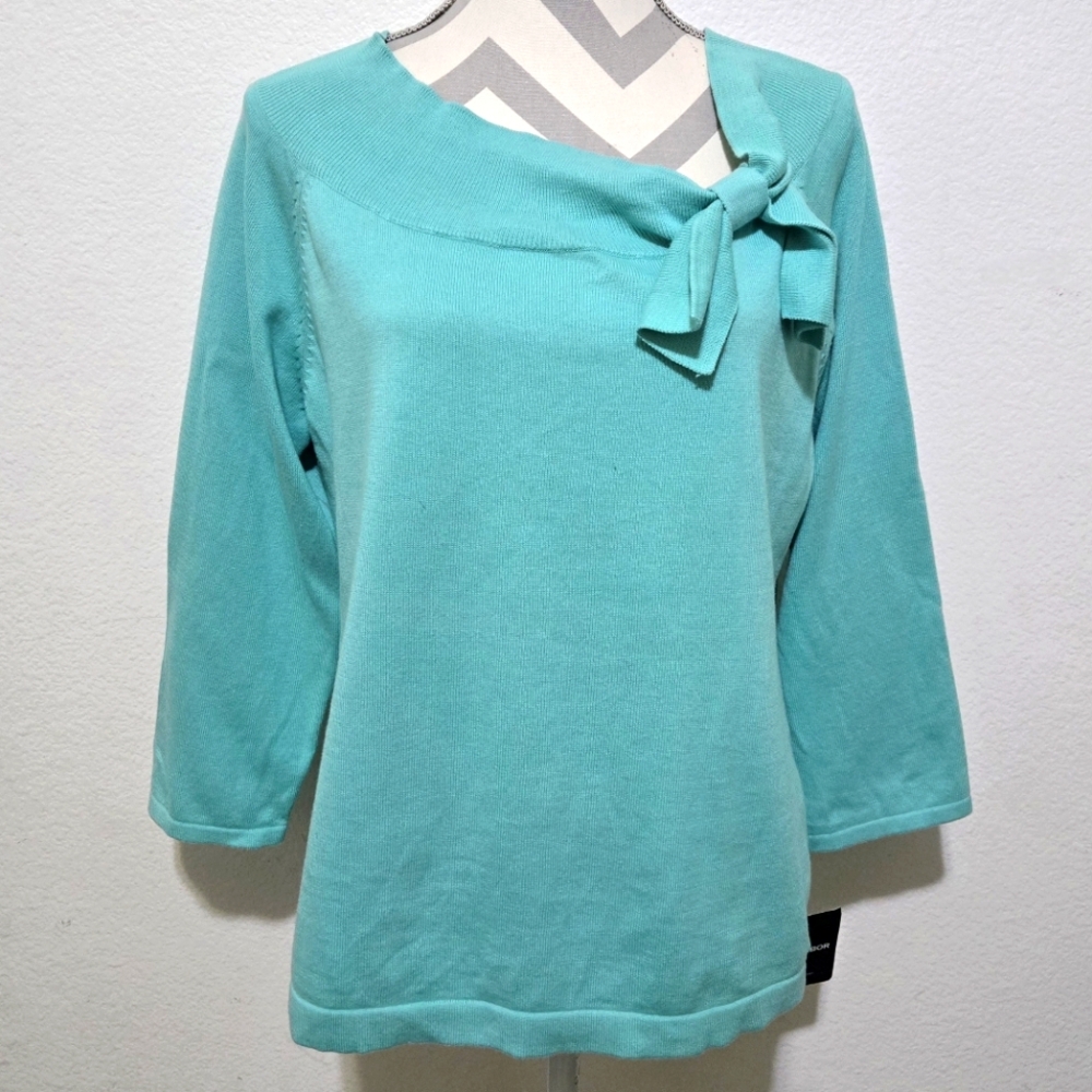 Sag Harbor Teal Aqua Knit Top Asymmetric Neckline with Bow Detail Size Large - Picture 1 of 11